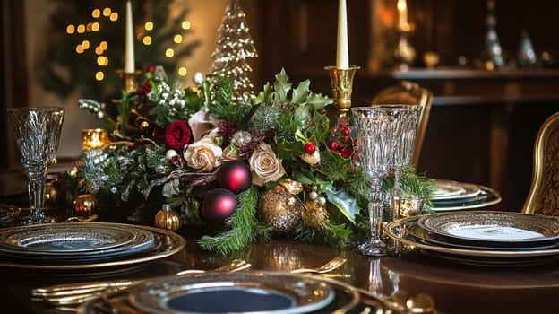 Christmas tablescape decoration, formal family dinner holiday celebration, luxury table setting decor, English country and home style idea