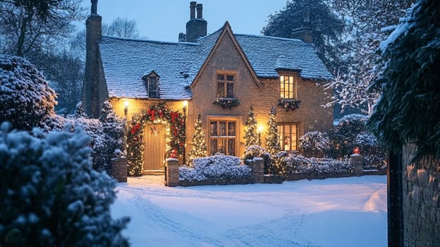 Christmas in the countryside, cottage decorated for holidays on a snowy winter evening with snow and holiday lights, English country styling inspiration