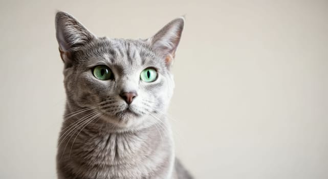 Portrait of a domestic cat with striking green eyes and a striped gray coat. set against a neutral background, the cat gazes attentively, showcasing its elegant features and natural beauty.
