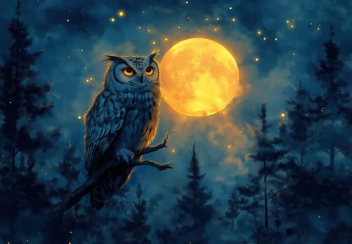 Watercolor, owl sitting under the full moon in the forest at night. Selective focus.