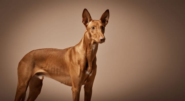A majestic purebred dog with sleek, brown fur and alert expression stands gracefully against a neutral brown background. the minimalist studio composition highlights the dog's elegant form and attentive stance.