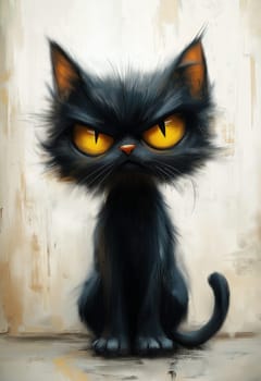 Illustration of a sitting black cat on a white background. Selective focus.