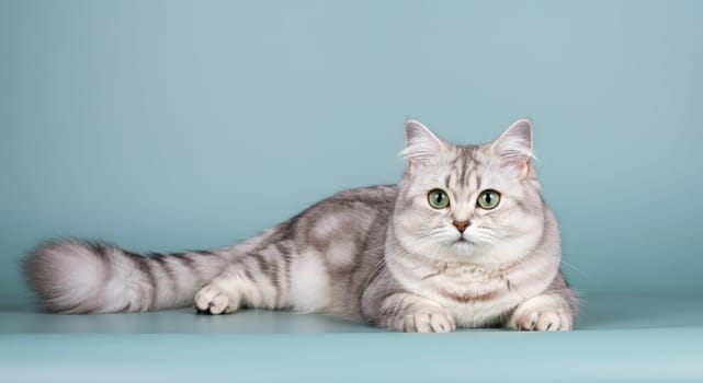 A serene silver tabby cat with striking green eyes rests peacefully on a smooth, light blue surface. its soft fur and poised demeanor convey tranquility and grace, making it an ideal subject for themes of relaxation and pet care.