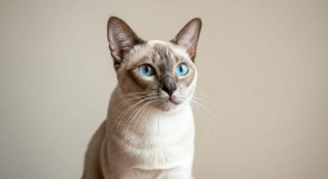 A siamese cat with striking blue eyes sits gracefully against a neutral background, showcasing its sleek fur and expressive face. the minimalist setting highlights the cat's elegant and poised demeanor.