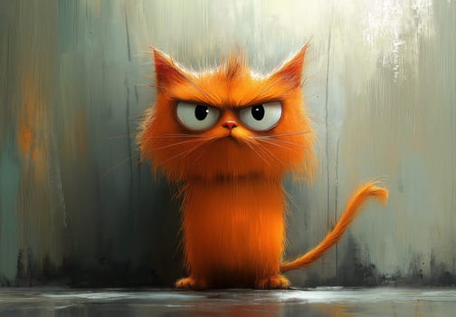 A cartoon dissatisfied ginger cat on an abstract background. Selective focus.
