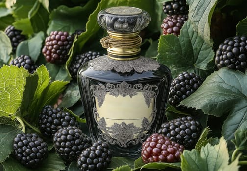 A perfume bottle surrounded by blackberries and leaves. Selective focus.