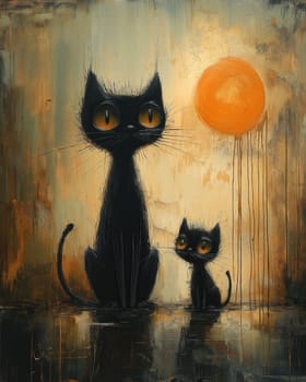Illustration of black cats sitting on an abstract background. Selective focus.