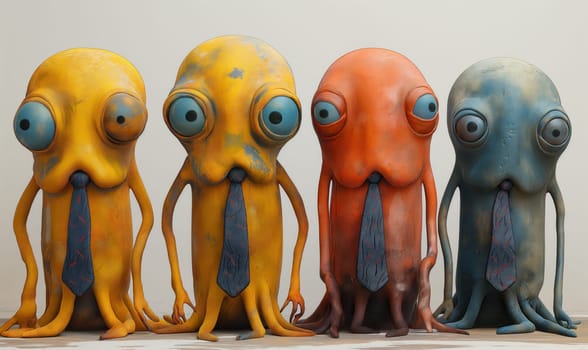 Cartoon characters with anxious facial expressions in ties. Selective focus.