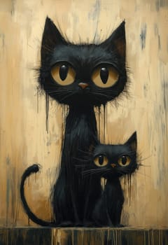Illustration of black cats sitting on an abstract background. Selective focus.