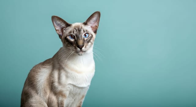 A poised siamese cat with striking blue eyes and a sleek coat sits gracefully against a soft pastel background. the calm demeanor and attentive gaze create an atmosphere of elegance and serenity.