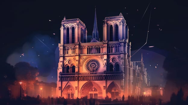 This image captures a beautifully illuminated gothic cathedral at night in Paris, surrounded by twinkling lights and a deep blue sky dotted with stars, showcasing the beauty of the city.