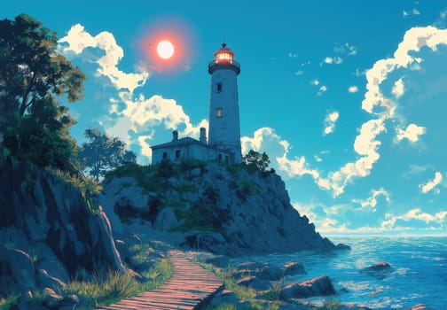 Illustration, lighthouse on a rocky island on a cloudy day. Selective focus.