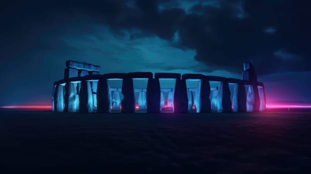 Experience the stunning night view of Stonehenge, a famous prehistoric monument in Wiltshire, England. The ancient stones are beautifully illuminated, creating an enchanting atmosphere.