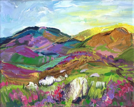 Painting view from a cliff to the seashore and rockspainted with acrylic for an example of painting works for a master class