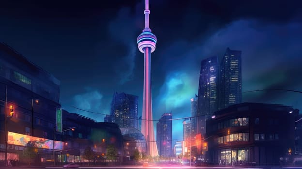 A vibrant cityscape of Toronto at night featuring the iconic CN Tower lit in pink. Surrounding skyscrapers glow in blue, creating a lively and energetic atmosphere perfect for backgrounds.