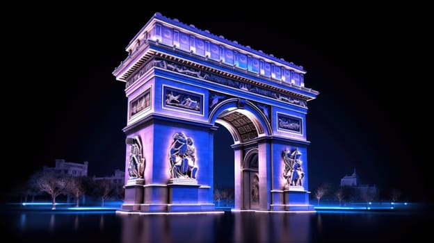 A captivating photo of the Arc de Triomphe in Paris at night, showcasing its colorful illumination and beautiful reflection in the water, perfect for travel promotions or decorative use.