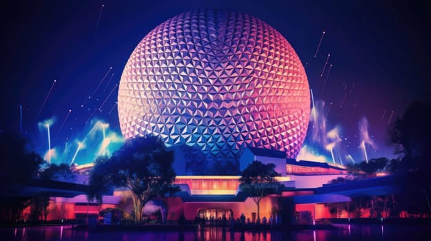 A large geodesic sphere building is lit up with bright lights at night. There are fireworks exploding in the sky behind it. The building is surrounded by trees and water.