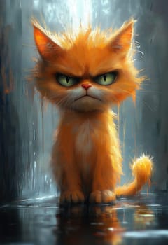 A cartoon dissatisfied ginger cat on an abstract background. Selective focus.