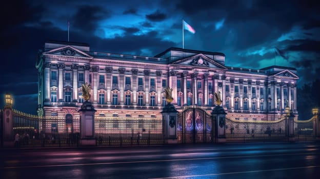 Experience the enchanting beauty of Buckingham Palace at night, where its illuminated facade and glowing windows create a regal ambiance, showcasing this iconic landmark in all its splendor.