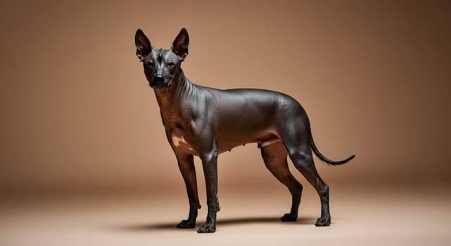 A peruvian hairless dog stands confidently against a neutral backdrop, showcasing its unique features and hairless coat. this breed is recognized for its intelligence, agility, and striking appearance, making it a fascinating subject for canine enthusiasts.
