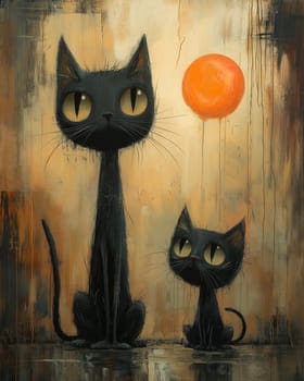 Illustration of black cats sitting on an abstract background. Selective focus.