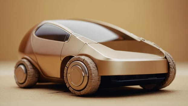 Small Retro Futuristic Golden Toy Car on Beige Background with Simple Design and Smooth Curves. Cyber taxi, cyber cab, ai taxi, self-driving taxi