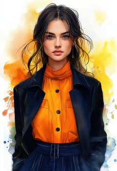 Watercolor illustration of a young woman in elegant clothing. Selective focus.