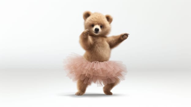 A charming small bear wearing a fluffy pink tutu dances joyfully on a bright white background. Its vibrant colors and playful pose capture the essence of childhood innocence and fun.