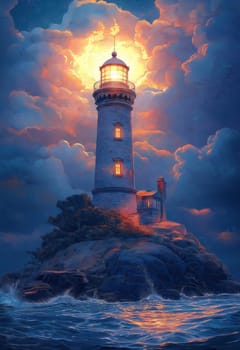 Illustration, lighthouse on a rocky island on a cloudy day. Selective focus.
