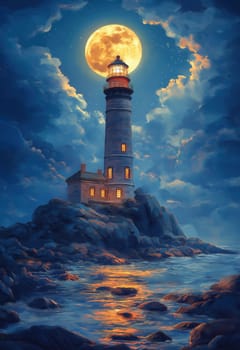 Illustration, lighthouse on a rocky island under a full moon. Selective focus.
