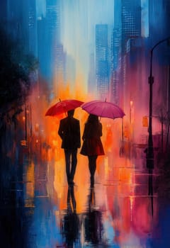 Watercolor, man and woman walking through the city with umbrellas. Selective focus.