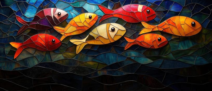 School of colorful fish on mosaic background. Selective focus.