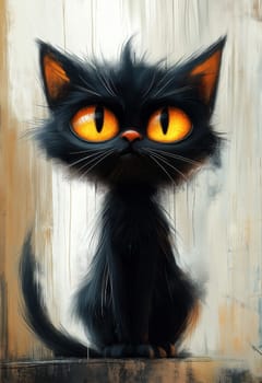 Illustration of a sitting black cat on an abstract background. Selective focus.