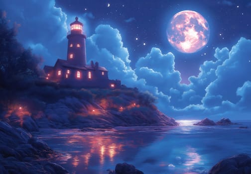 Illustration, lighthouse on a rocky island under a full moon. Selective focus.