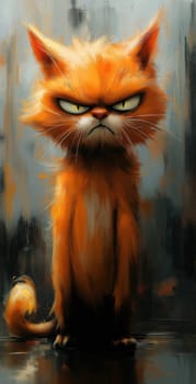 A cartoon dissatisfied ginger cat on an abstract background. Selective focus.