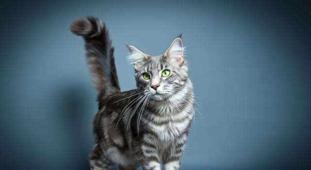 A captivating portrait of a maine coon cat featuring lush, fluffy fur and striking green eyes. the cat is set against a dark background, its elegant fur patterns and long bushy tail. ideal for pet enthusiasts.