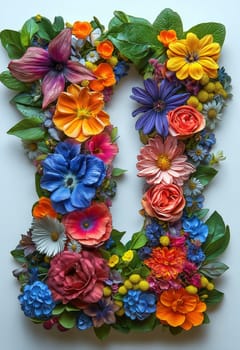 The letter O of colorful flowers on a white background. Selective focus.