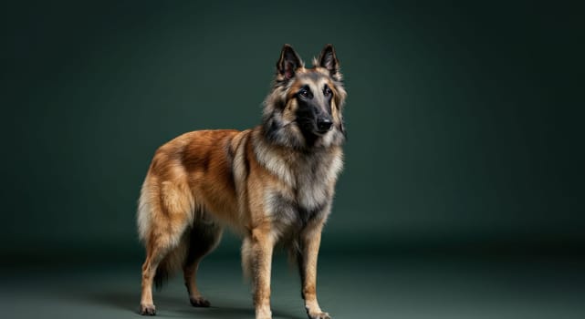 A regal belgian tervuren dog with a lush, flowing coat stands alertly on a dark green background. its focused gaze and poised posture highlight the breed's intelligence and elegance, ideal for pet-themed designs.