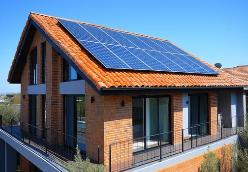The roof of the residential building is equipped with solar panels. Selective focus.
