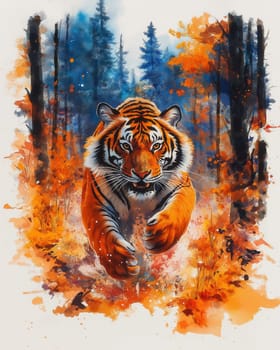 Watercolor, tiger running through an autumn forest. Selective focus.