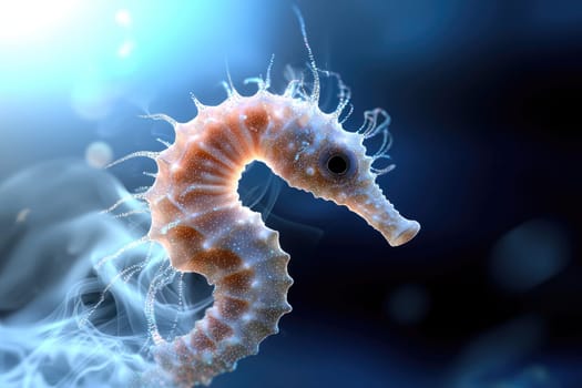 Radiant Seahorse: Fractal inspired seahorse, bioluminescent display, colorful patterns, luminous marine creature, glowing ocean creature, dynamic light display, surreal aquatic design