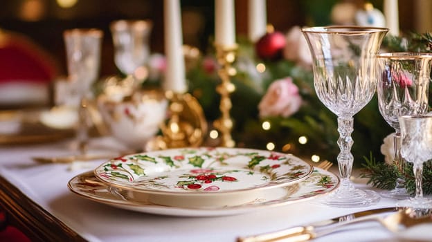 Christmas tablescape decoration, formal family dinner holiday celebration, luxury table setting decor, English country and home style idea