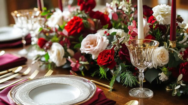 Christmas tablescape decoration, formal family dinner holiday celebration, luxury table setting decor, English country and home style idea