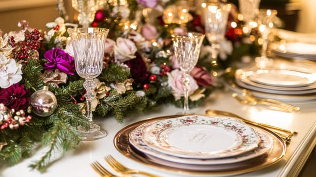 Christmas tablescape decoration, formal family dinner holiday celebration, luxury table setting decor, English country and home style idea