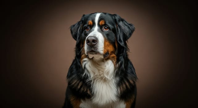 A bernese mountain dog with expressive eyes and a glossy coat sits elegantly against a rich brown background. the dog's tricolor fur beautifully contrasts with the minimalist setting, creating a striking visual focus.