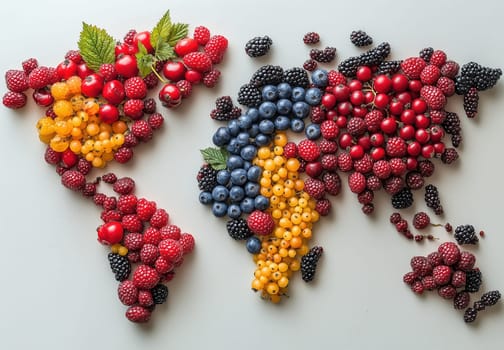 World map laid out of berries on a light background. Selective focus.