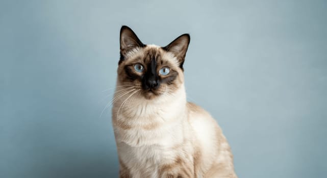 A siamese cat with captivating blue eyes sits against a simple blue backdrop, showcasing its distinctive cream and brown fur. the image highlights the elegance and unique features of this beloved feline breed.