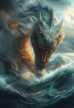 A fierce sea creature rises from the ocean. Selective focus.