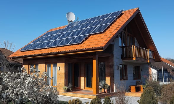 The roof of the residential building is equipped with solar panels. Selective focus.