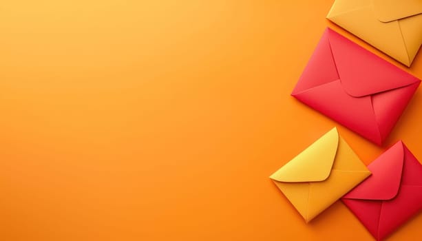 A Colorful envelopes on vibrant orange background create cheerful atmosphere. Perfect for invitations or greetings